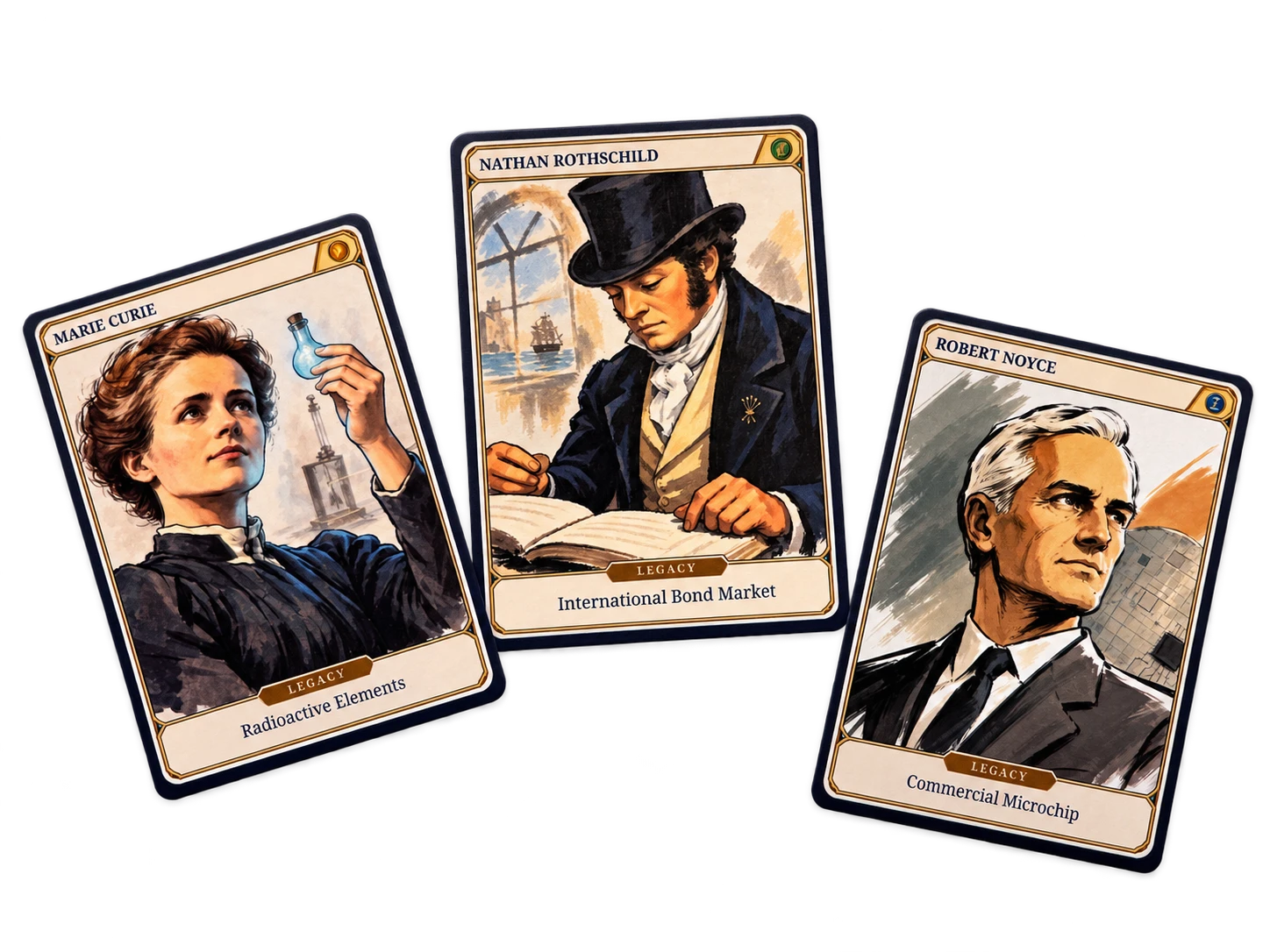 Printed Eudaimonia trading cards for Marie Curie, Nathan Rothschild, and Robert Noyce, showing their legacies: Radioactive Elements, International Bond Market, and Commercial Microchip.