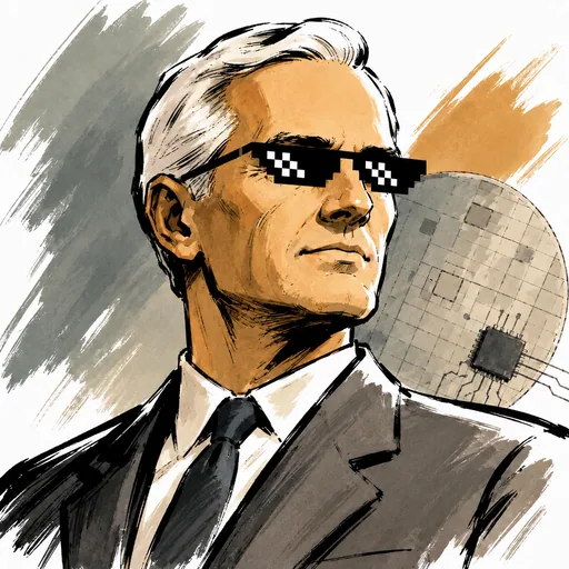 Illustrated Robert Noyce wearing pixel sunglasses, with a silicon wafer behind him